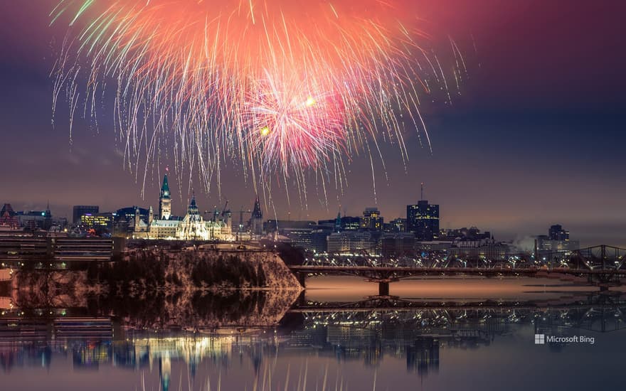 Fireworks over Parliament Hill with reflection, Ottawa