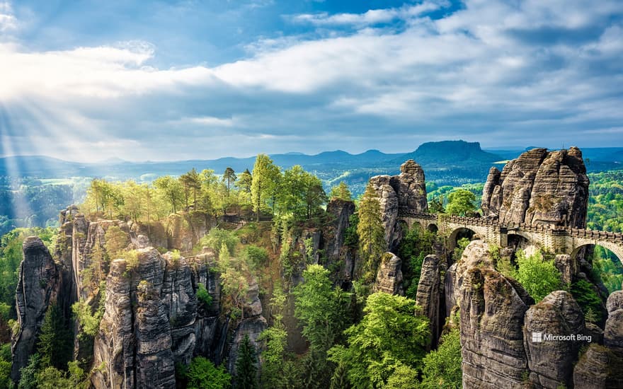 Elbe Sandstone Mountains and Bastei Bridge in the Saxon Switzerland National Park, Saxony