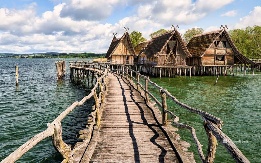 Pedestrian bridge over the lake to the stilt houses, Unteruhldingen, Baden-Württemberg