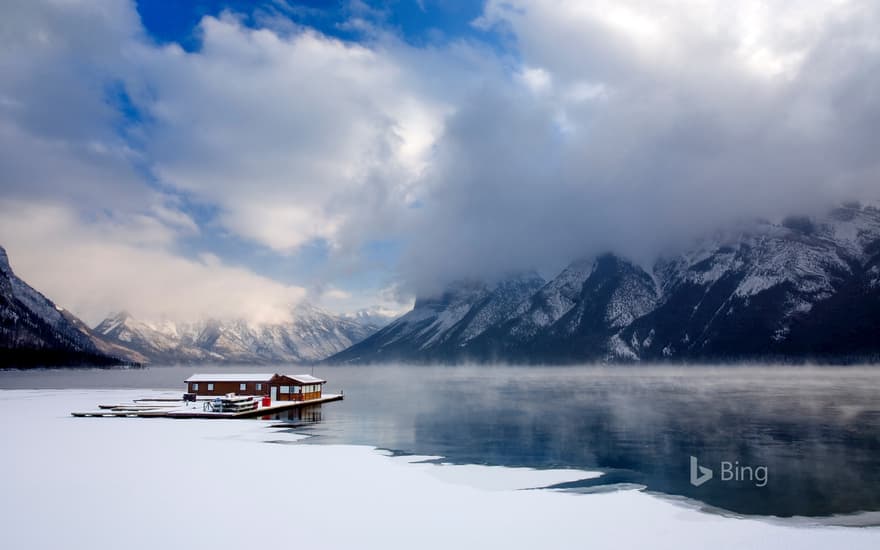 Boathouse on Lake Minnewanka in Banff National Park, Alberta, Canada