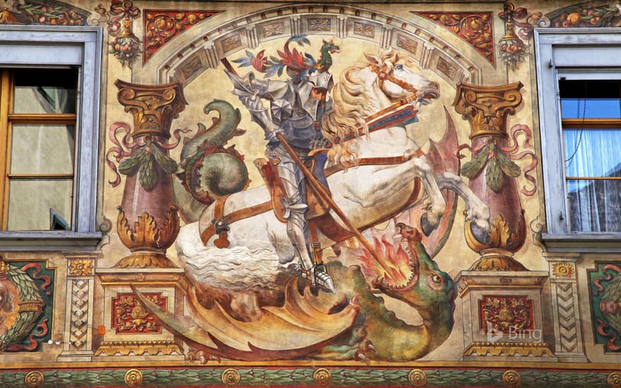 St George and the Dragon fresco on a medieval building in Stein am Rhein, Switzerland