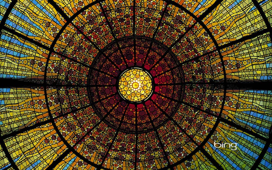 Stained-glass ceiling of the Palau de la Musica Catalana, Barcelona, Spain